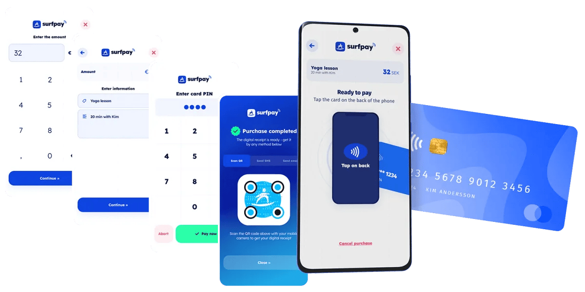 Enkelt betalflöde på Surfpayappen, så att du kan acceptera kontaktlösa kortbetalningar på din smartphone