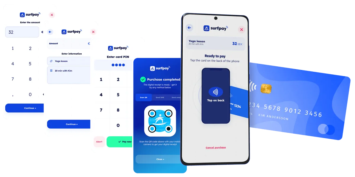 Easy payment flow with the Surfpay app, allowing you to accept contactless card payments on your smartphone